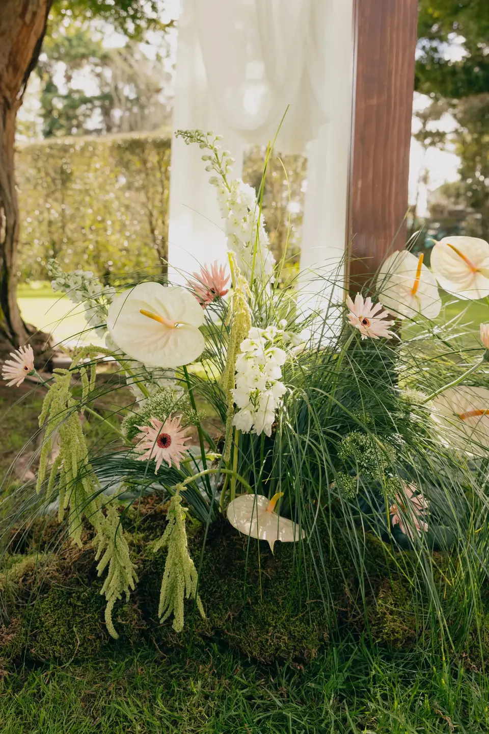 Close-up of anthuriums Pastini gerberas bear grass and delphiniums