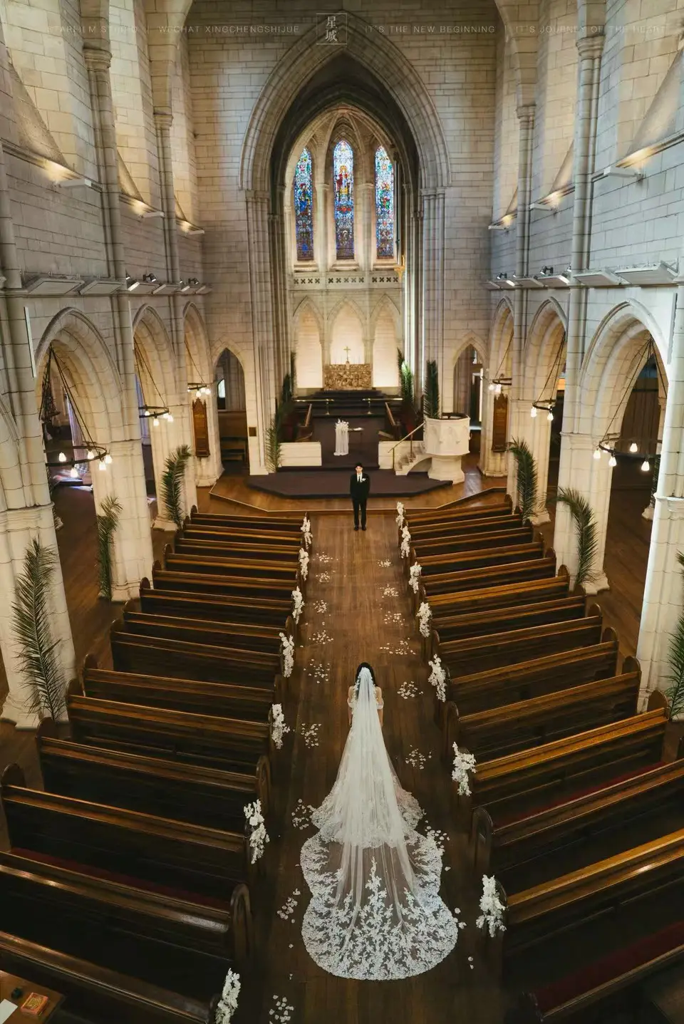 White orchid pew flowers lining the aisle at St Matthew-in-the-City
